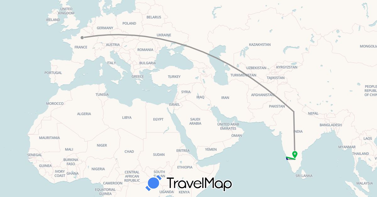TravelMap itinerary: driving, bus, plane, motorbike in France, India (Asia, Europe)